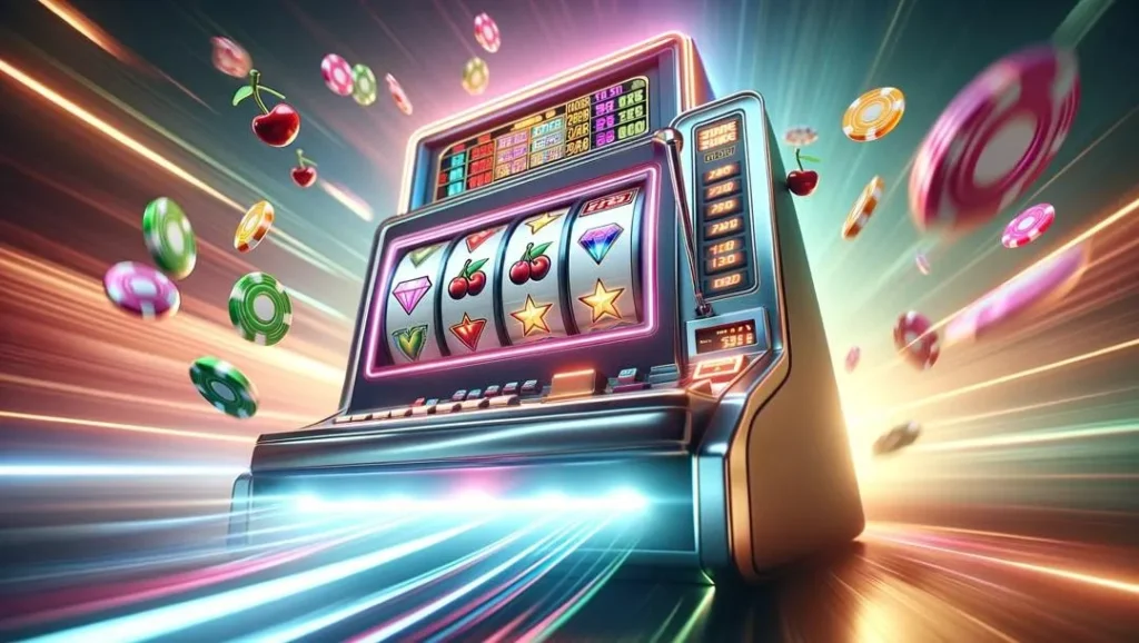 casinoGames A vibrant, high-energy image of a slot machine with spinning reels, surrounded by a variety of casino games,