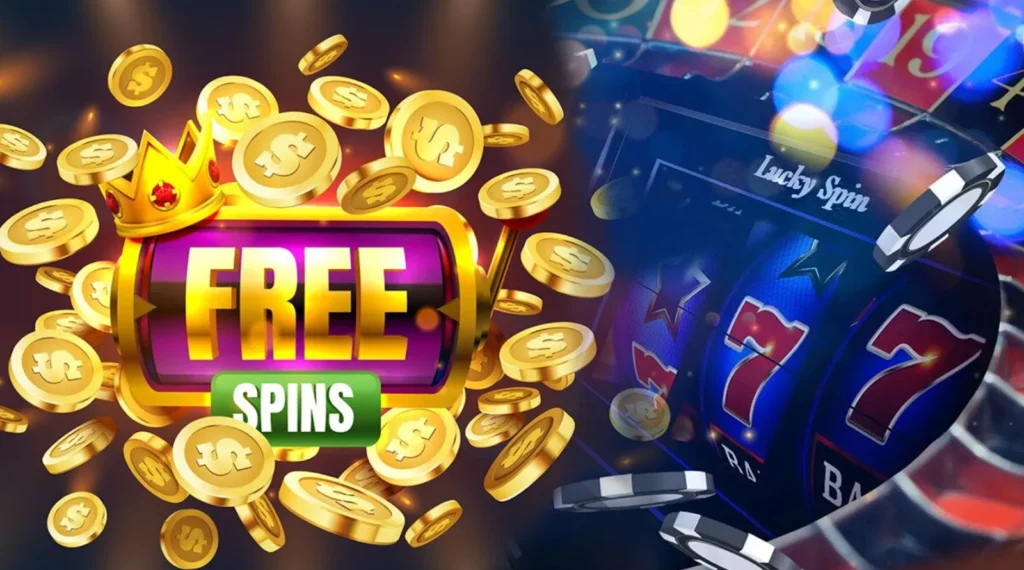 casinoGames A vibrant image of a casino games logo with a crown of gold coins and a green 'FREE SPINS' button, surrounded by