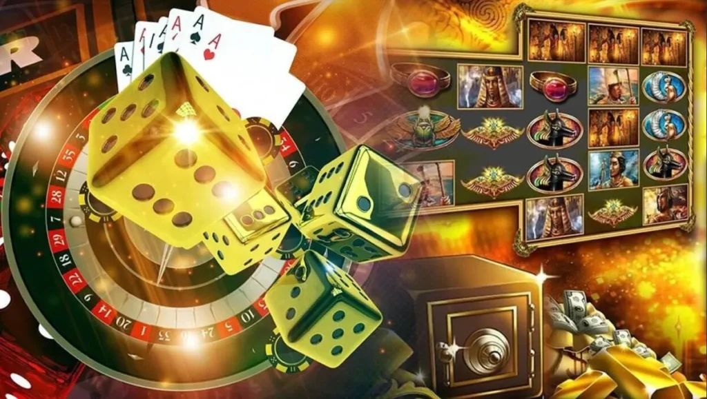 casinoGames A vibrant casino games image featuring a roulette wheel, cards, and dice, with a focus on casino games