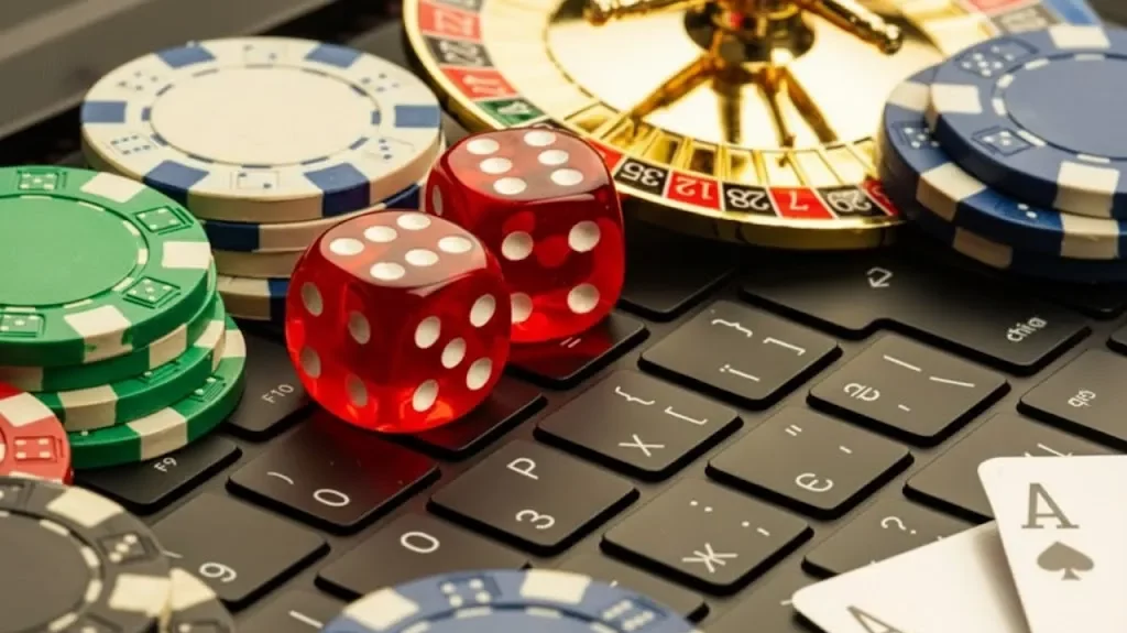 casinoGames A close-up of a keyboard with casino games and poker chips on it, with a few dice and a card in the background