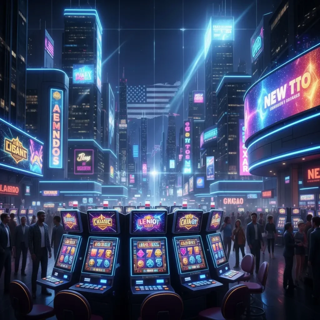 casinoGames A futuristic cityscape with a casino games theme, featuring a variety of slot machines and a city skyline in the