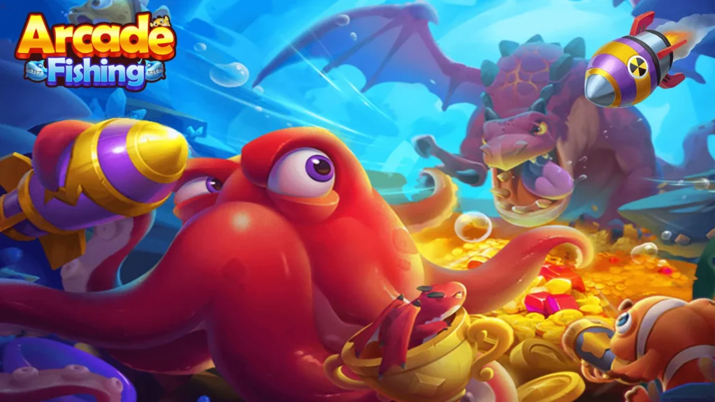 casinoGames A cartoon-style image of an octopus, a dragon, and a fish in a casino-style environment
