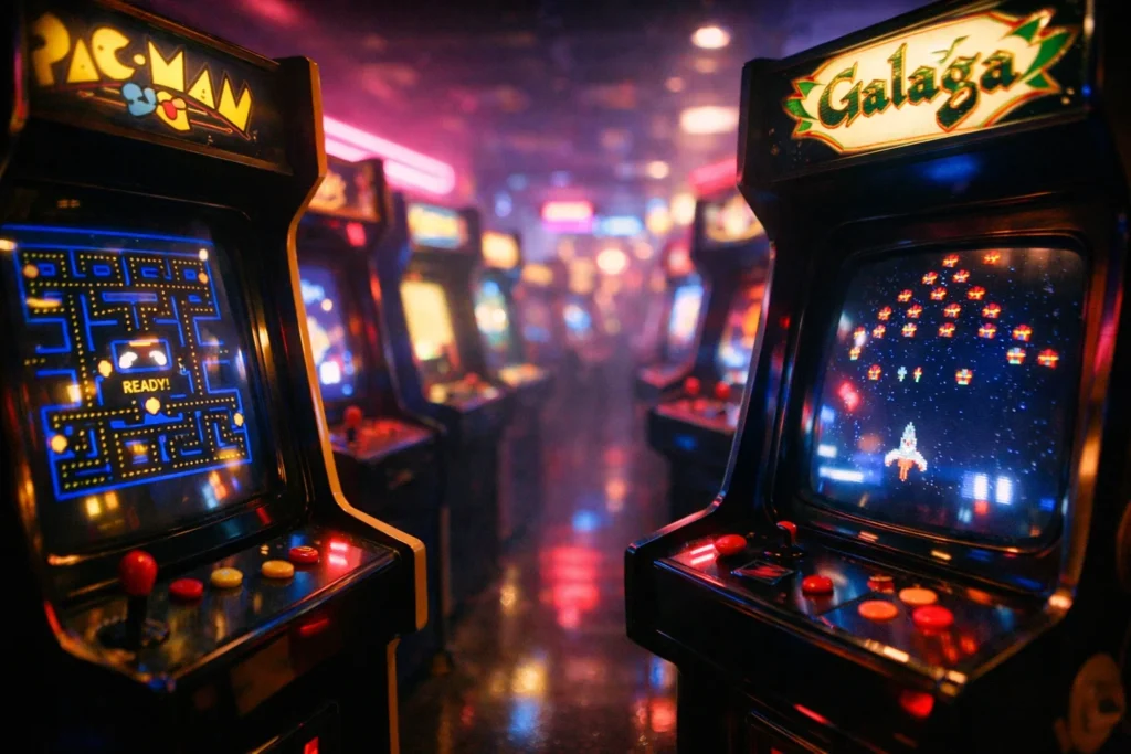 A nostalgic, neon lit arcade aisle featuring classic cabinets like Pac Man and Galaga glowing in a vibrant retro atmosphere.
