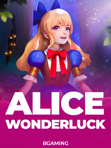 casinoGames A cartoon girl with a red bow and blue hair bows, holding a blue ball, with the words 'ALICE WONDERLUCK' in