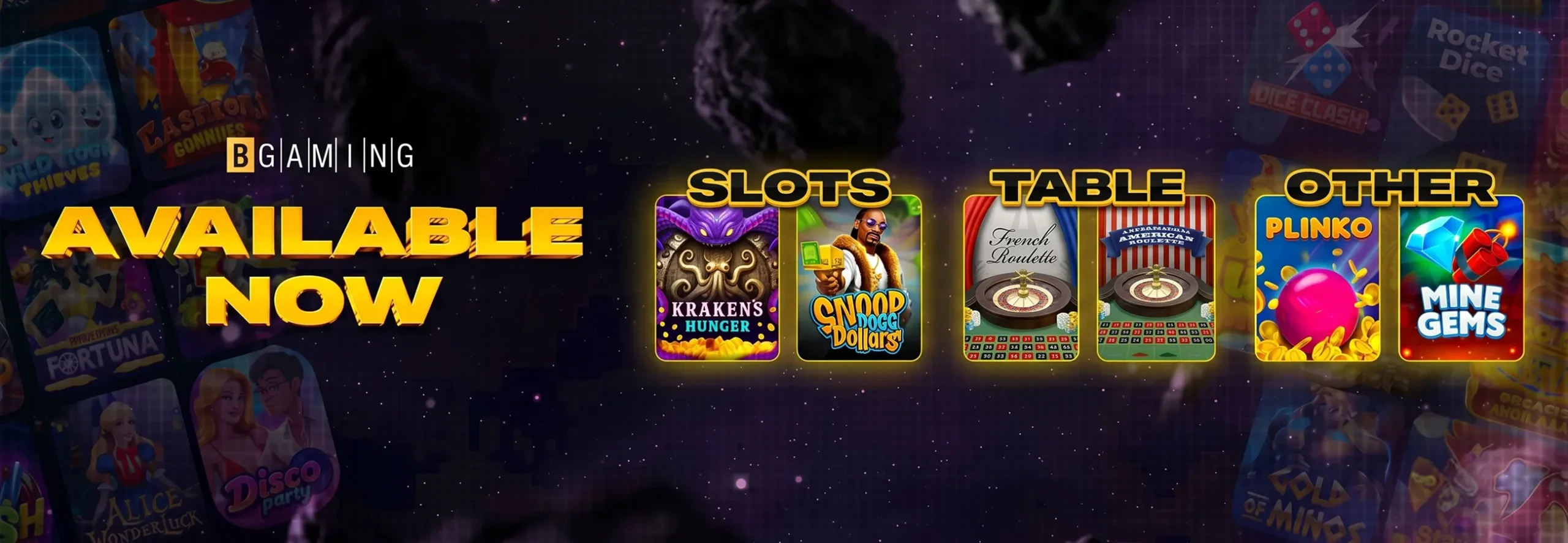 casinoGames A promotional image for a casino games website, featuring a dark background with a starry sky and various game