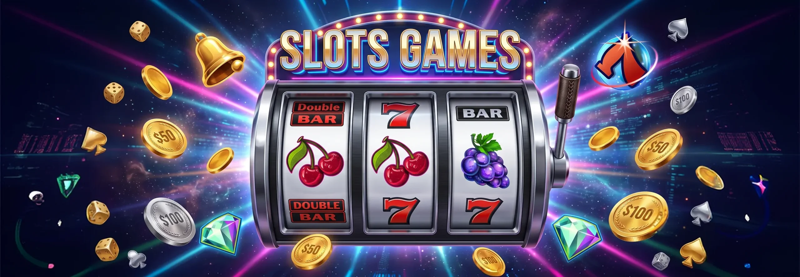 casinoGames A digital illustration of a slot machine with various casino-themed icons and symbols, including a bell, a coin,