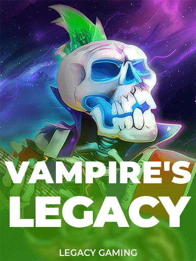 casinoGames A skull with a casino games theme, with a green and purple background, and a title that reads 'VAMPIRE'S LEGACY'