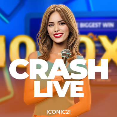 casinoGames A woman with long, wavy hair and a microphone, with the words 'CRASH LIVE' and 'ICONIC21' in the background, all