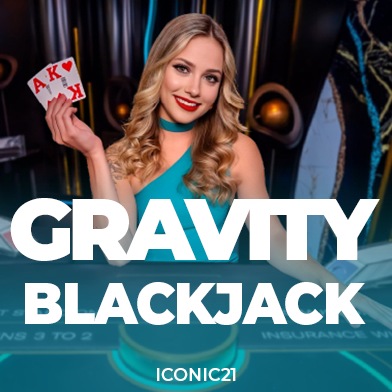 casinoGames A woman holding a card with a King of Hearts, with the words 'GRAVITY BLACKJACK' in large white letters