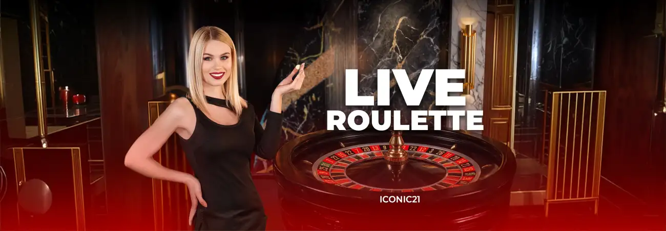 casinoGames A woman in a black dress stands in front of a roulette table, with the words 'LIVE ROULETTE' and 'LIVE CASINO