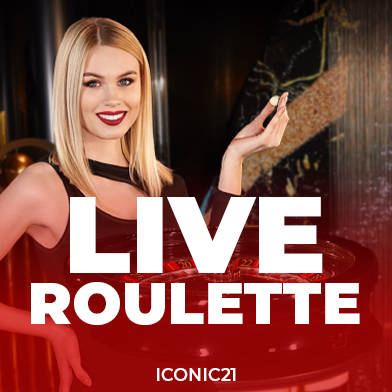casinoGames A woman with blonde hair and a black dress, holding a card in her hand, with the words 'LIVE ROULETTE' in large