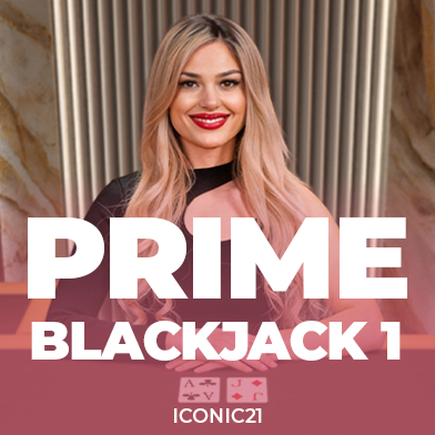 casinoGames A woman with long blonde hair and red lips, sitting in front of a gold curtain, with the words 'PRIME BLACKJACK