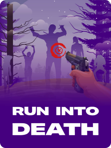 casinogames A person holding a gun in a forest, with a target on their head, and the words 'RUN INTO DEATH' in white text