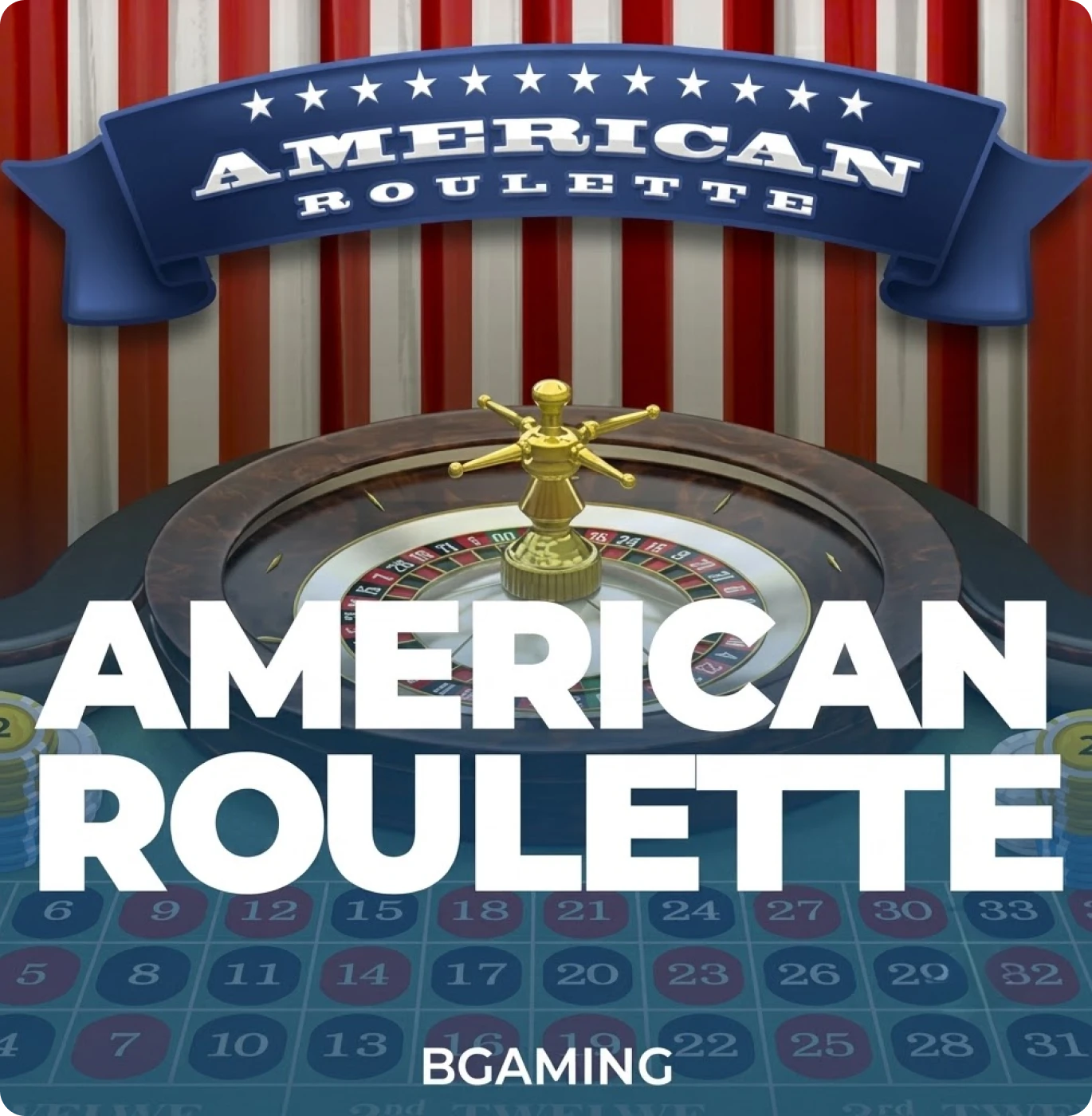 casinoGames A roulette wheel with a gold ball on a table in front of an American flag, with a sign above it saying 'American