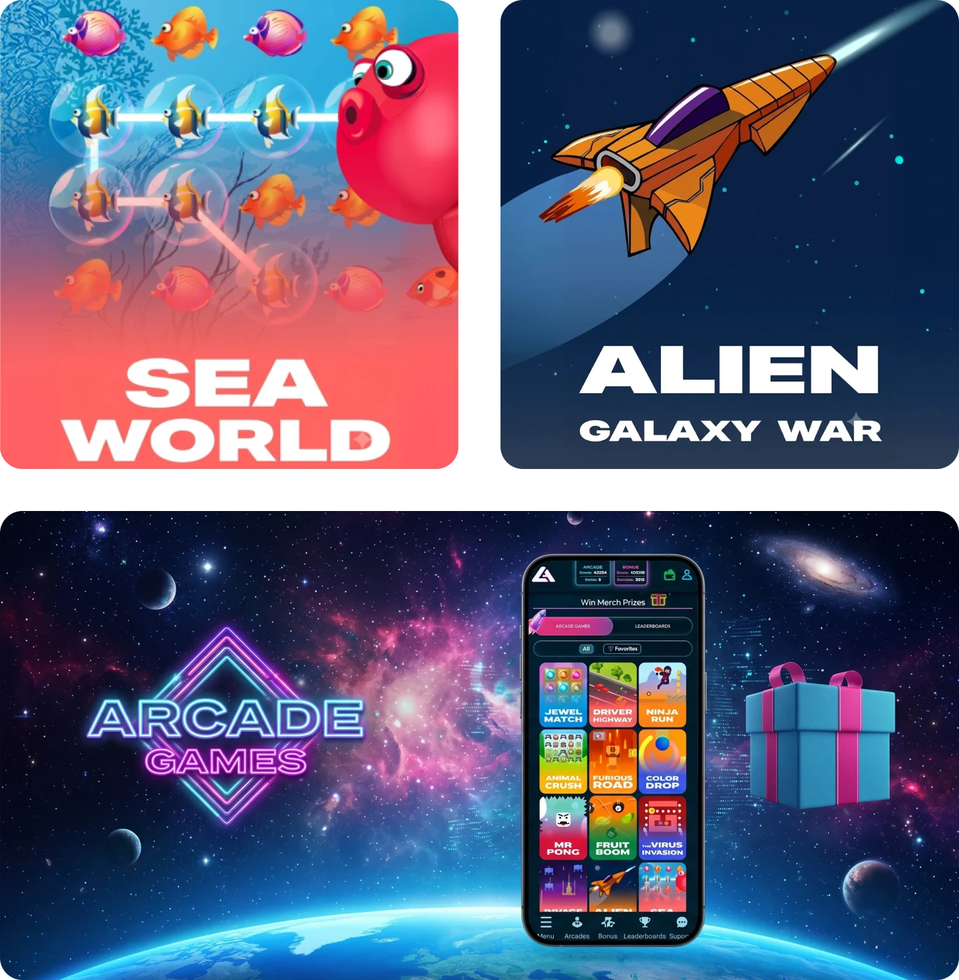 casinoGames A selection of games from the casino games category, including Sea World, Alien Galaxy War, and others, with a