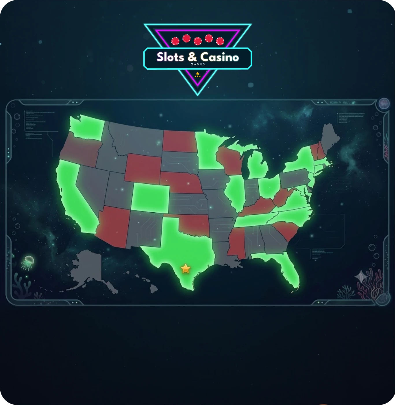 casinoGames A map of the United States with some states highlighted in red and others in green, with a star marking a
