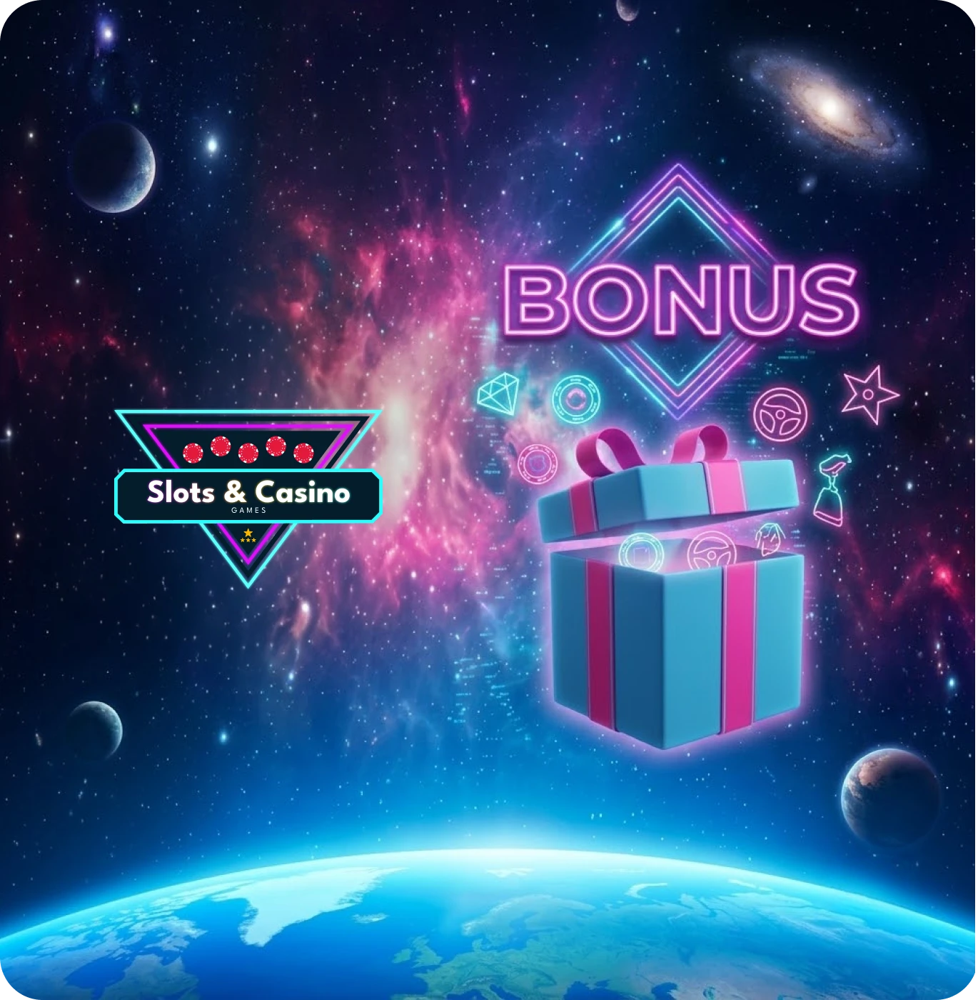 casinoGames A cosmic background with a gift box and a casino games logo, evoking a sense of excitement and adventure