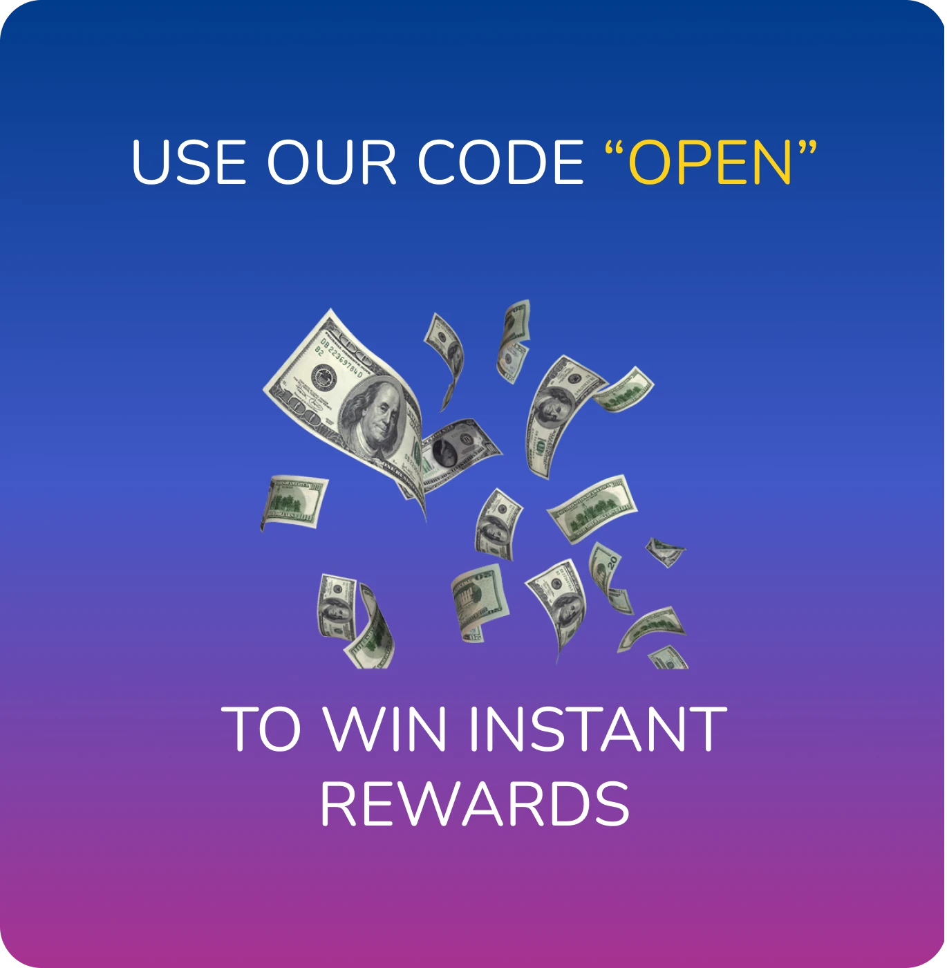 casinoGames A gradient background with a code 'open' and a pile of money falling from the sky, likely an advertisement for a