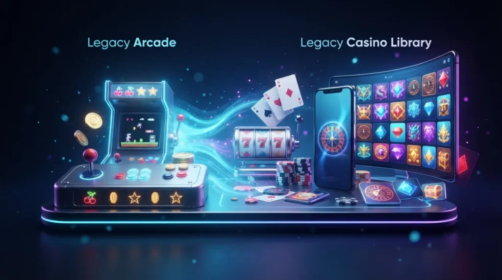 Legacy Casino rebrand concept with arcade and casino game elements