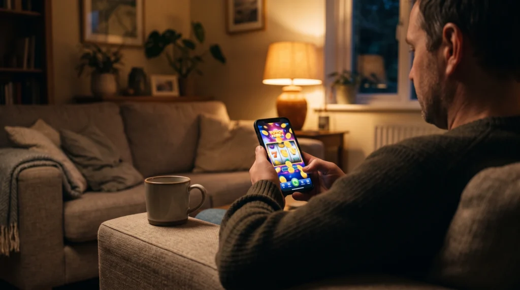 Person relaxing on a sofa and trying to play free slots on a phone