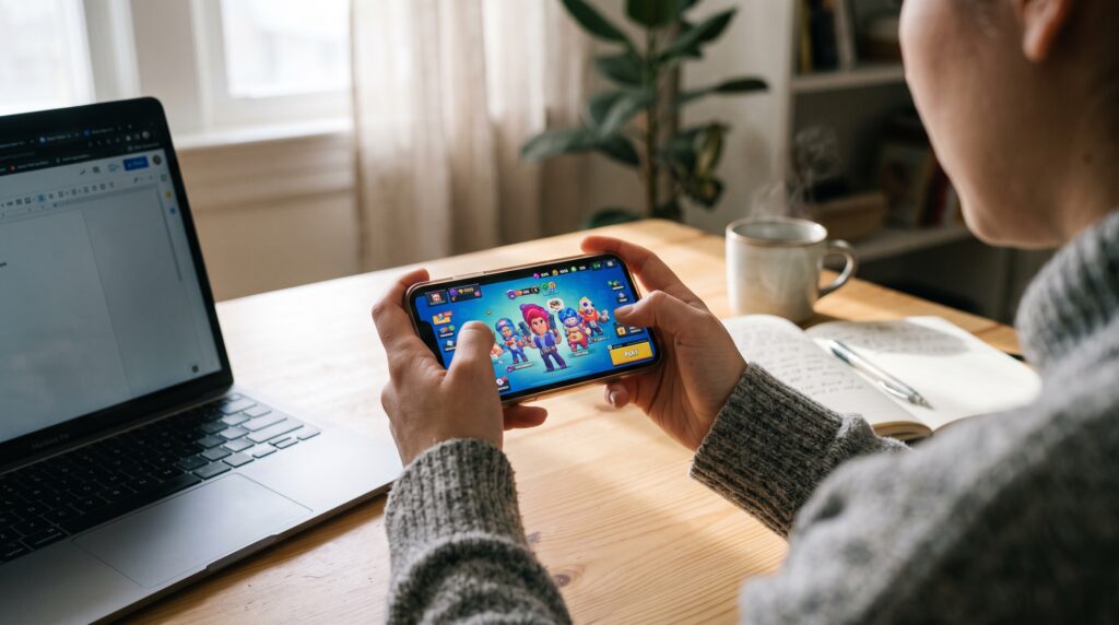 Person looking at a sweepstakes casino no deposit offer on a phone at a home desk